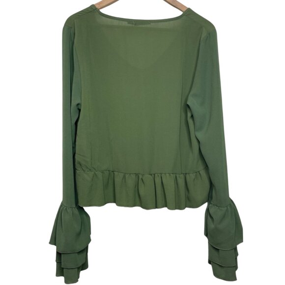 BOOHOO | Olive Green Long Sleeve Ruffle Cropped Top | Size 12 - Picture 5 of 11